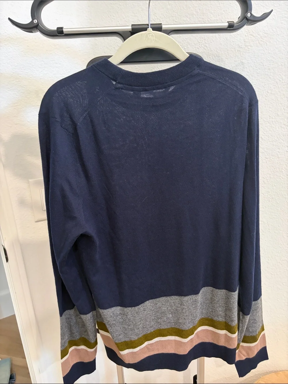 Ted Baker Navy Crewneck Sweater with Gray, Olive and Blush Stripes